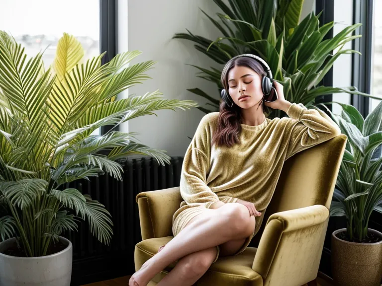 A woman wearing headphones in a sunlit room, settling into a theta wave state for creative focus