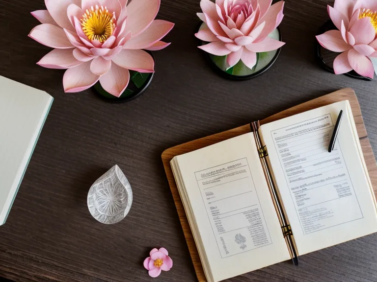 Rose quartz crystal beside unpaid invoices and a heart chakra lotus sketch, a symbol of easing creative block