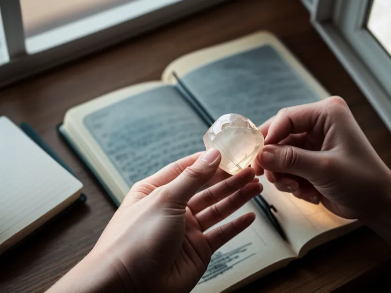 A hand holding a crystal above an open journal, part of a daily spiritual awakening and conscious living practice