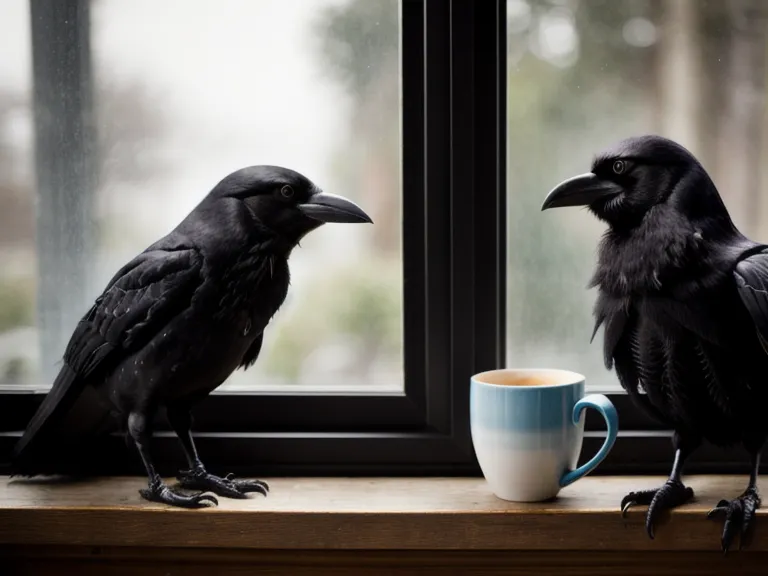A crow spirit animal moment -- a crow holding a blue plastic fragment on a wooden windowsill during a consciousness shift