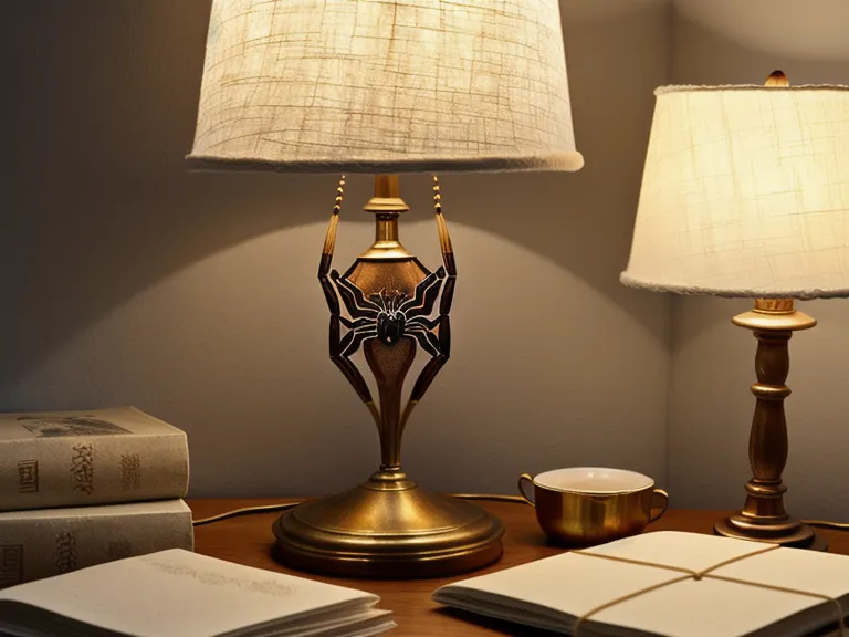 Spirit animal symbolism in everyday moments -- a small spider weaving a web on a desk lamp in a Sellwood studio